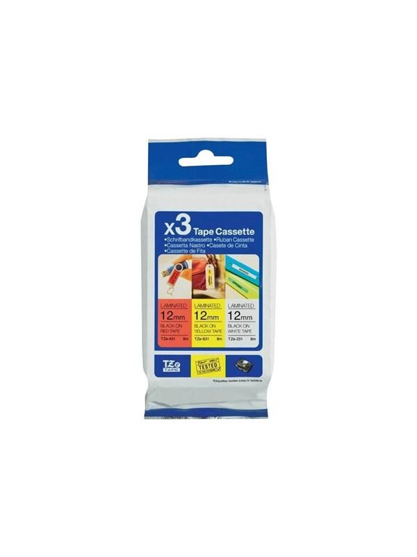 3 Pakke Laminatbånd - Sort på Rød, Hvid og Gul 12mm x 8m